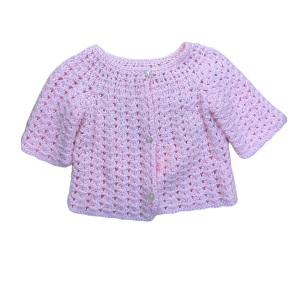 Handmade Pink Crochet Cardigan Sweater 18-24M Vintage Cottagecore Heirloom